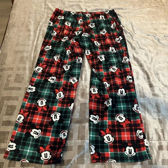 Disney Pajama Pants Womens Large Red Plaid Fleece Mickey Minnie Christmas Lounge - Picture 12 of 12